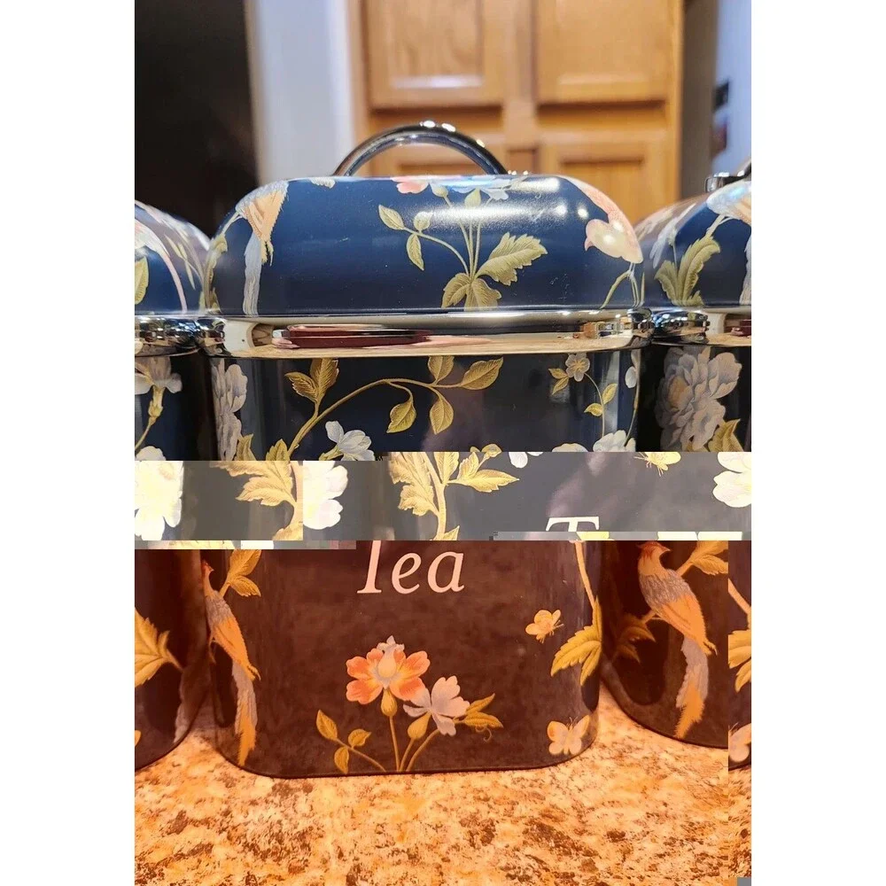 Laura Ashley Blue Floral Metal Square Coffee Tea Sugar Canister Set of 3